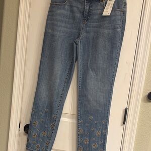 Chico's Denim Ankle Jeans with gold/black embellishments and Embroidery